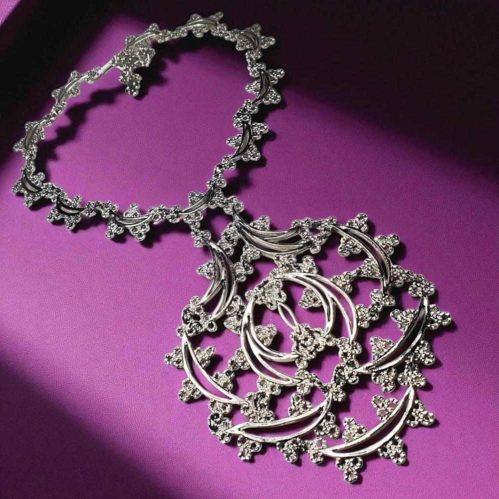 1973 MONET Silver Primavera Massive Statement Necklace Book Piece